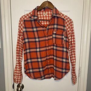Hollister‎ Women's Flannel Shirt Orange Plaid Long Sleeve Button Up Top XS Y2K